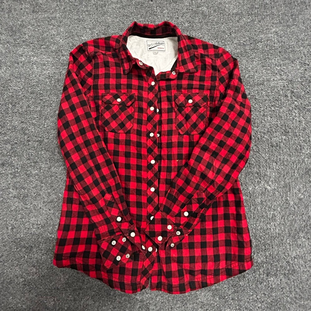BC Clothing Flannel Shirt Womens Small Red Buffalo Plaid Fleece Lined Snap Front